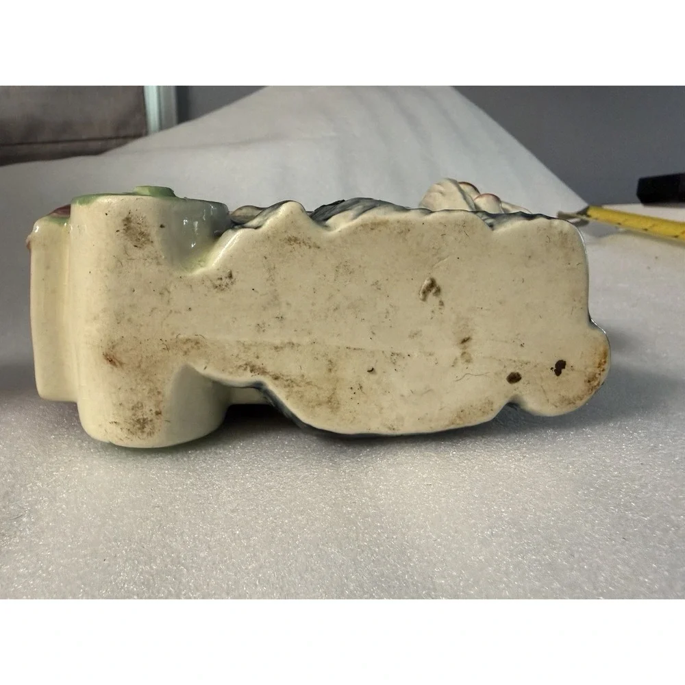 Vintage Ceramic Scottie Dog Planter Pulling Red Cart Wagon Green Wheels 6